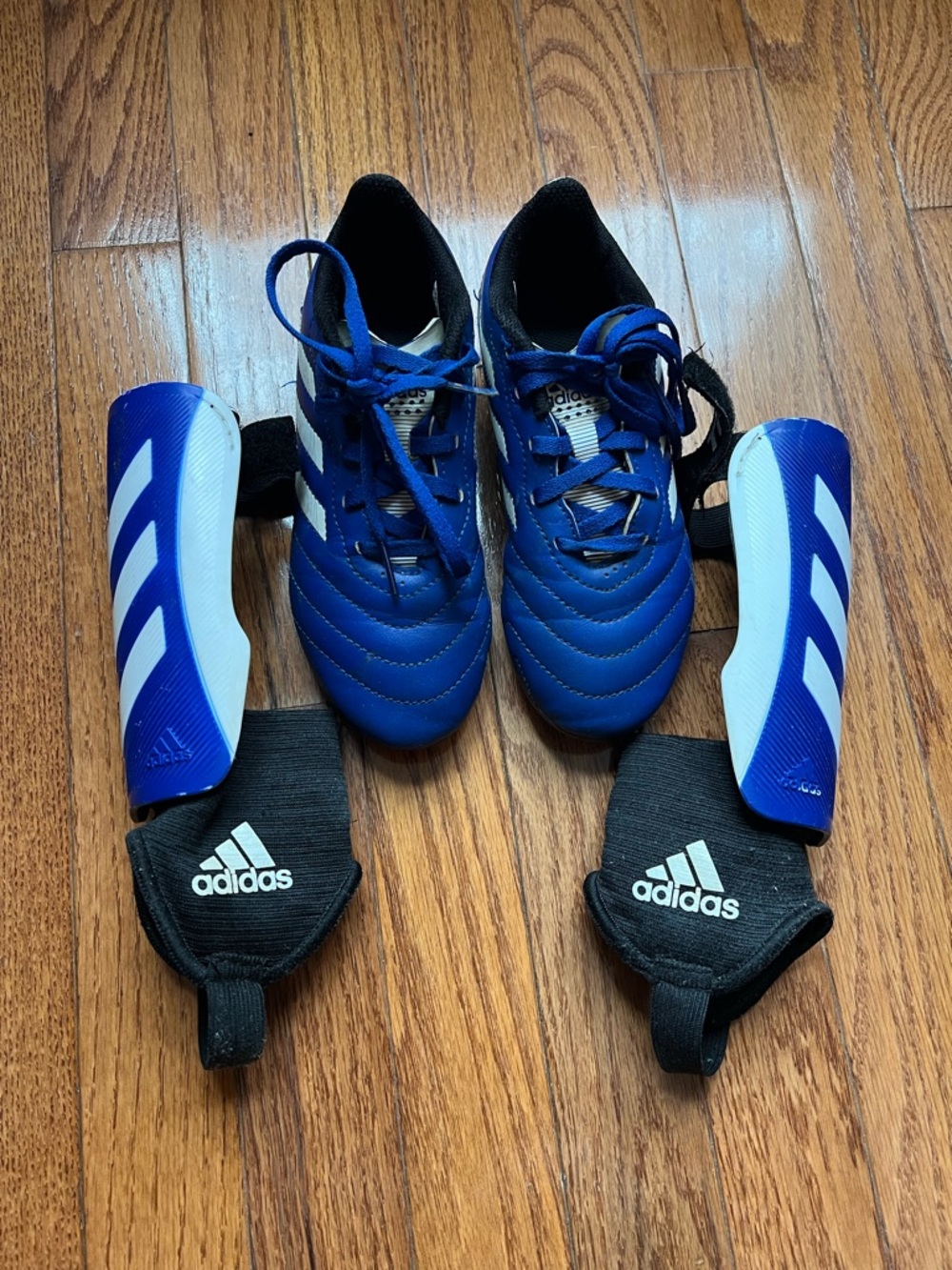 adidas Blue Youth Soccer Cleats with Blue & White Shin Guards
